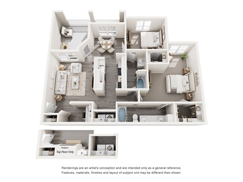 Floor plan for 2 beds, 2 baths, 1099 sqft